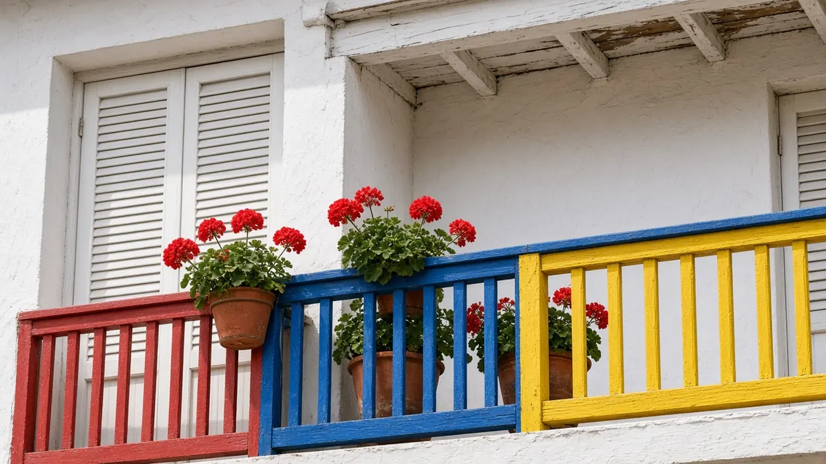 Balcón de madera pintado de rojo, azul y amarillo con macetas de geranios