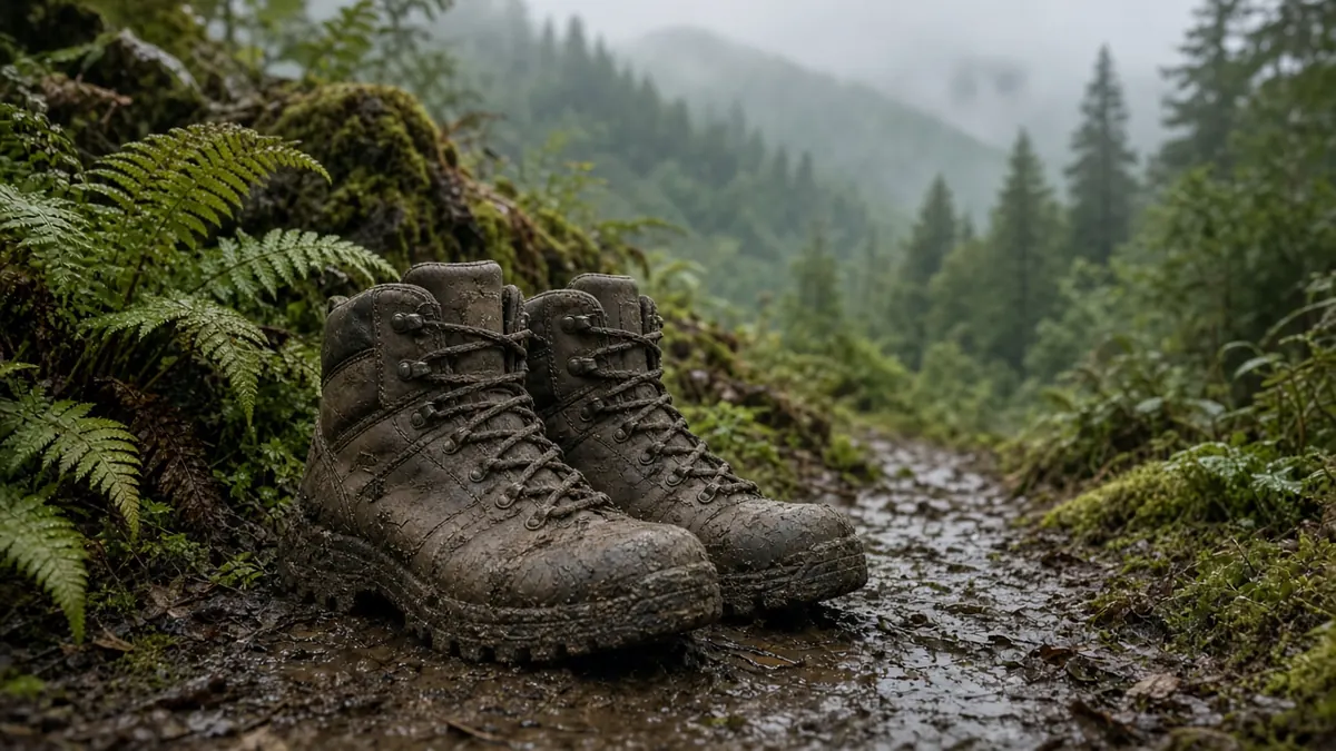 Botas de montaña embarradas sobre un sendero húmedo con helechos y niebla