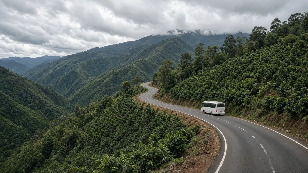 Bus blanco en una carretera de montaña con curvas entre cafetales