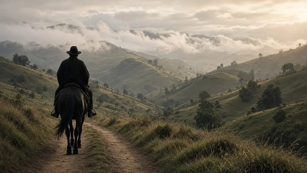 Jinete a caballo de espaldas por un camino de tierra entre colinas verdes con nubes