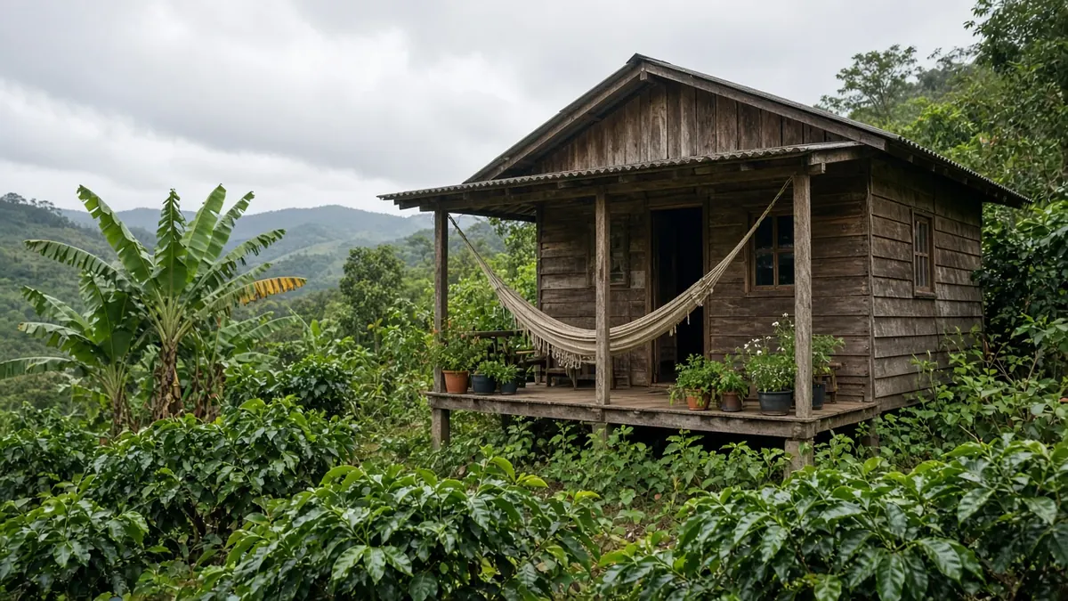 Cabaña de madera con corredor y hamaca entre cafetales y plataneras