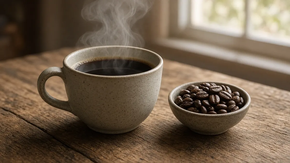 Taza de café negro humeante junto a un cuenco de granos tostados sobre una mesa de madera