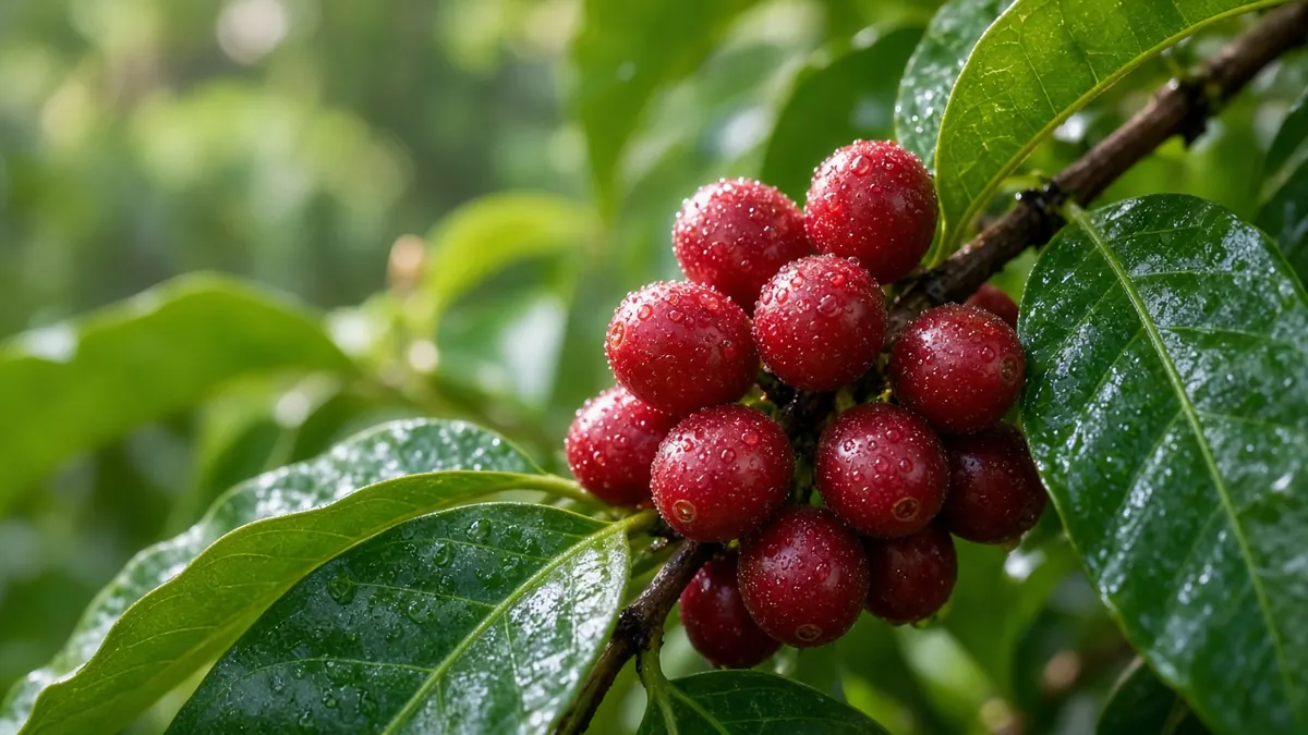 Cerezas de café maduras y rojas en una rama con hojas mojadas