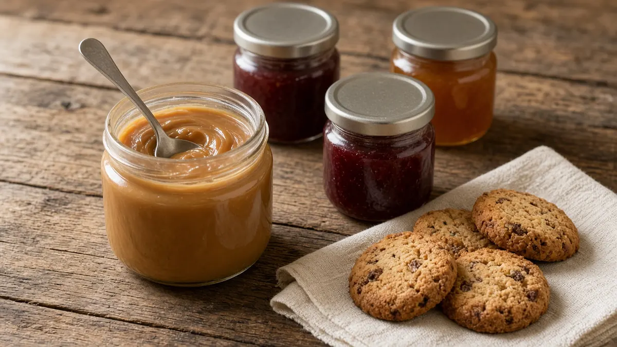 Frasco de arequipe con cuchara, mermeladas y galletas caseras sobre una mesa de madera