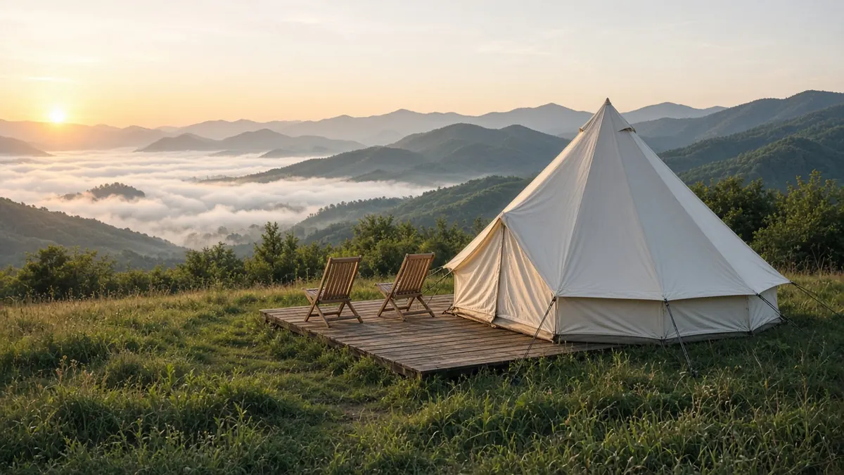 Carpa de glamping blanca con deck de madera y dos sillas al amanecer sobre montañas con niebla