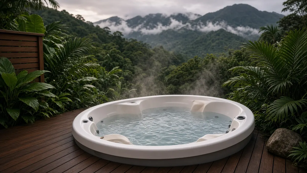 Jacuzzi exterior con agua humeante en un deck rodeado de plantas y montañas nubladas