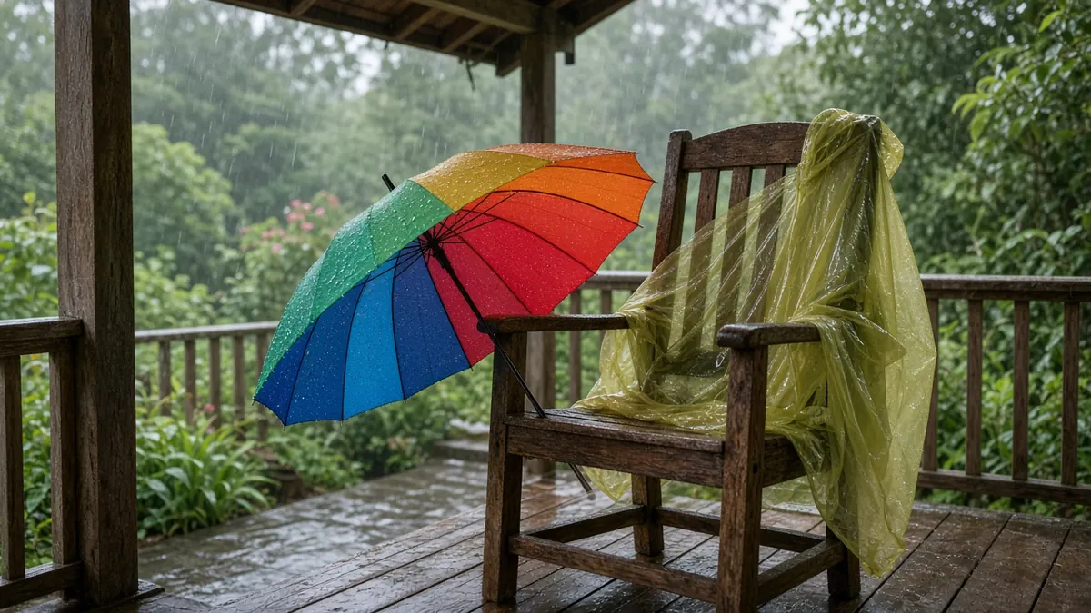 Paraguas de colores y poncho de lluvia en una silla de madera en un corredor bajo la lluvia
