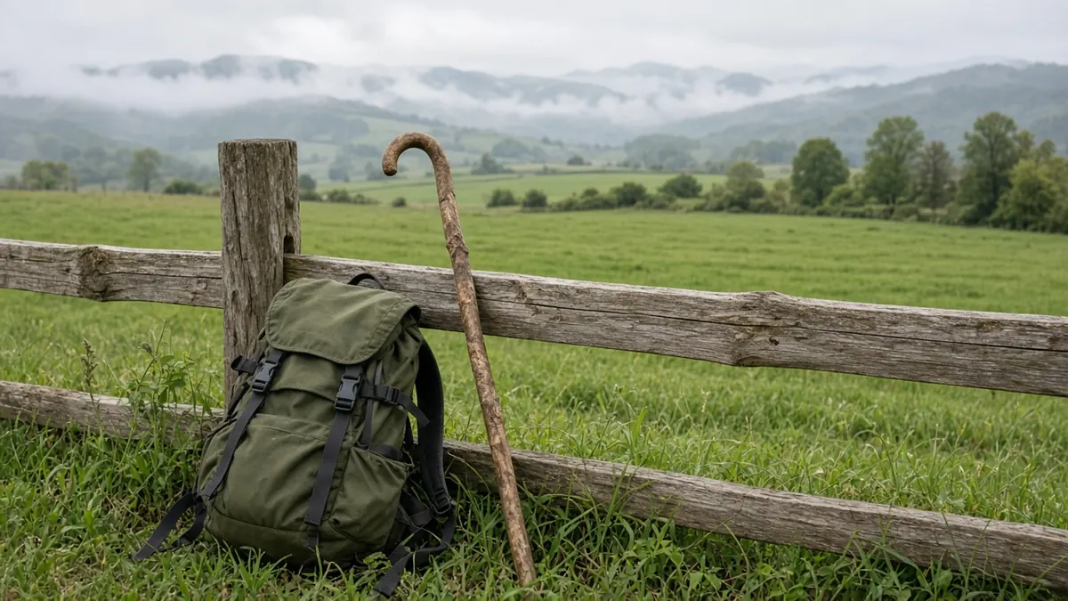 Mochila y bastón de madera apoyados en una cerca junto a un potrero verde con montañas nubladas