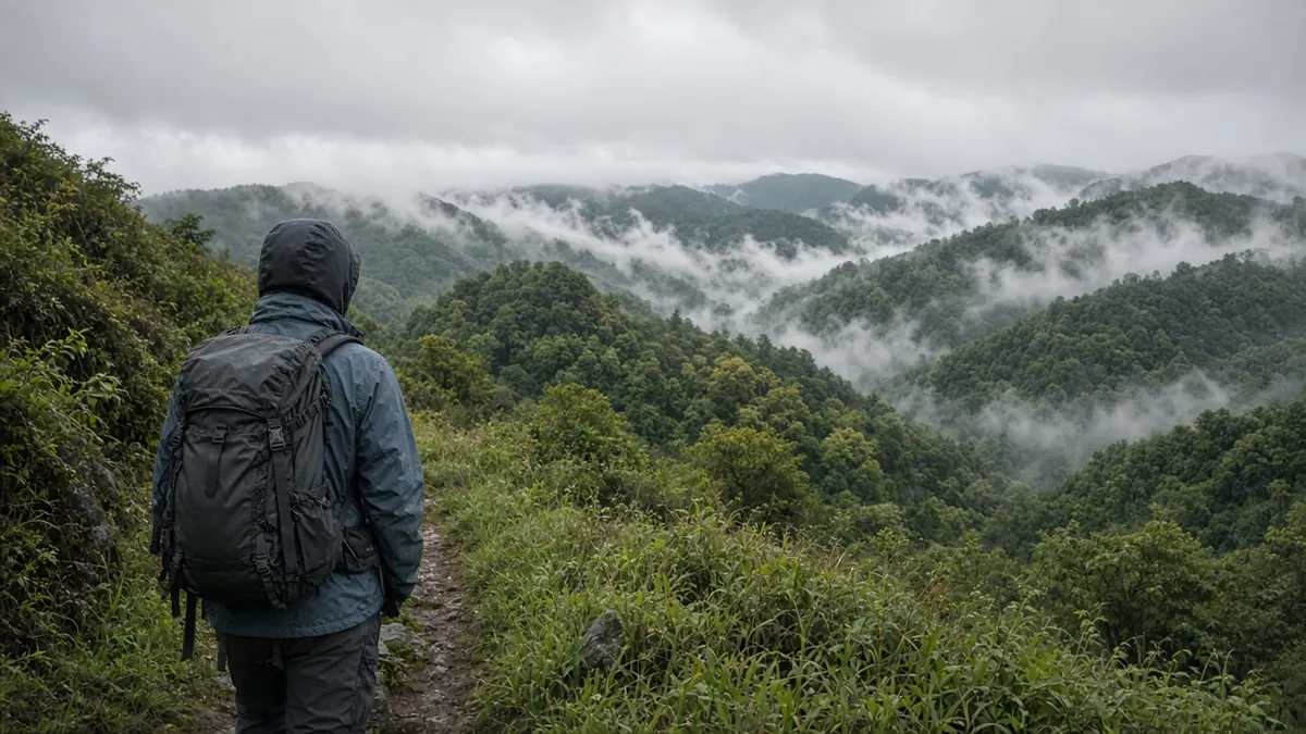 Viajero con mochila e impermeable mirando montañas boscosas con neblina